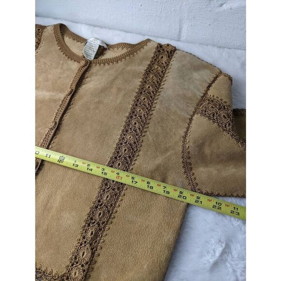 S.M.H. Boutique Tan Brown Vintage Boho Leather Suede Jacket Crochet Lace Patchwo - Picture 5 of 7